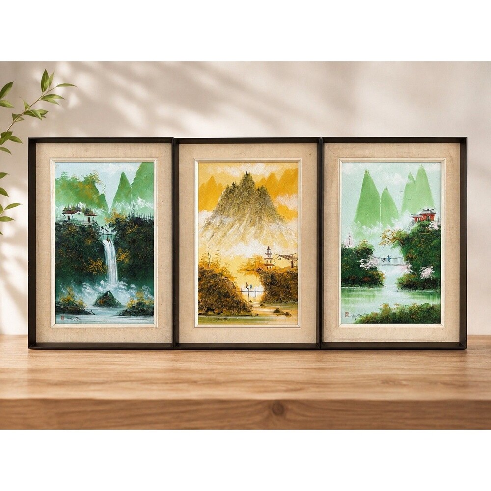 Vintage Chen Mao Horsehair Art Set of 3 Signed Asian Landscape Framed